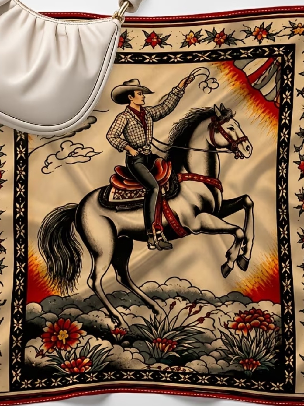 Western Equestrian Novel Scarf Cowboy Print Silky Scarf - Cream & Red